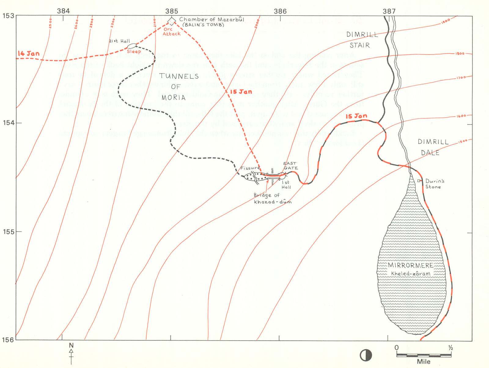 MIDDLE-EARTH Moria East Gate-Mirrormere. Frodo route. TOLKIEN/STRACHEY 1981 map